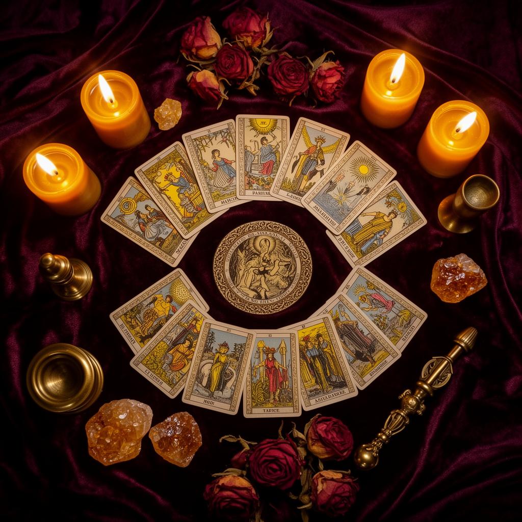 Mesa mística com cartas, velas e cristais
